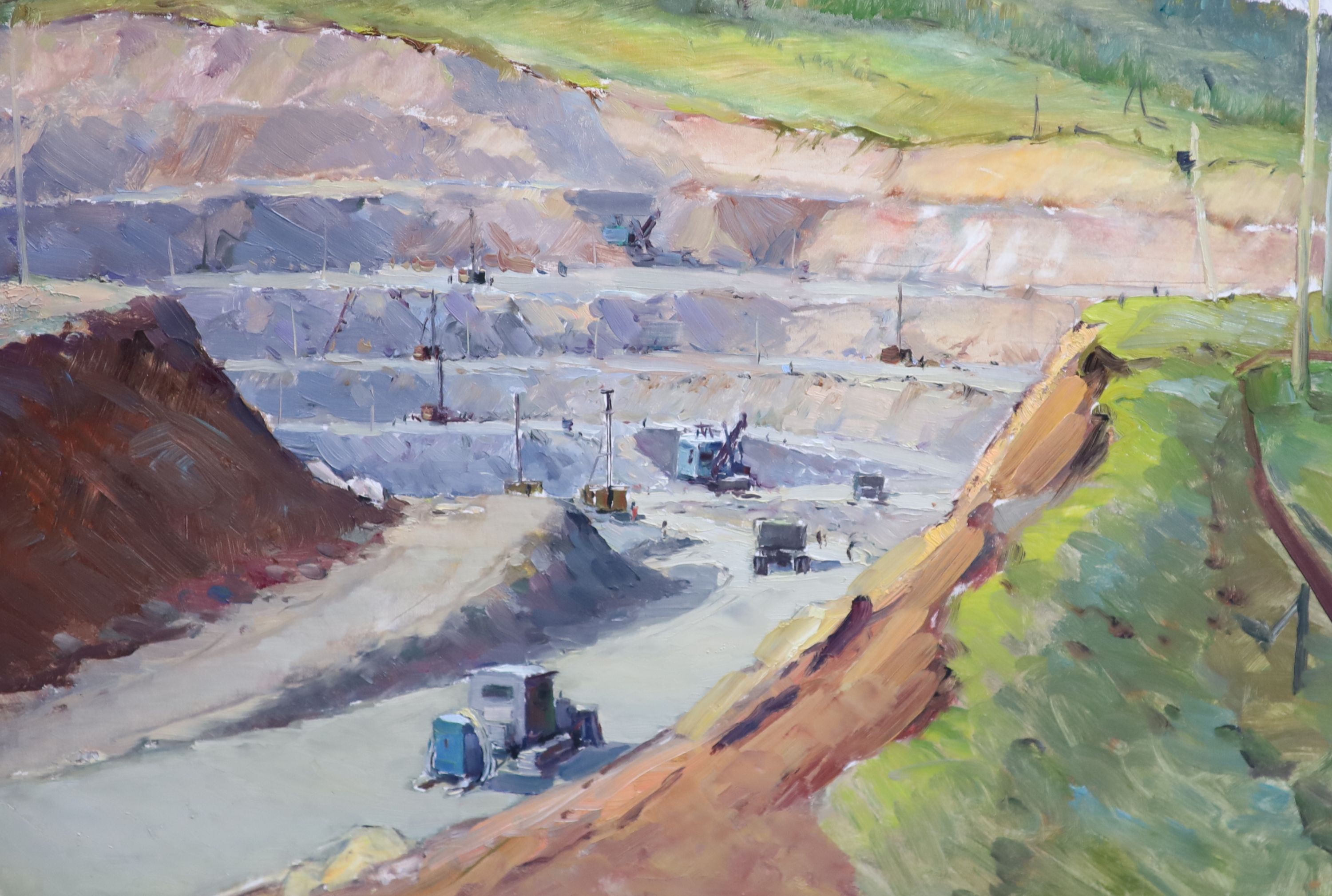 Russian School, two oils on board, View of a quarry and a similar construction scene, one monogrammed, 35 x 48cm and 30 x 52cm